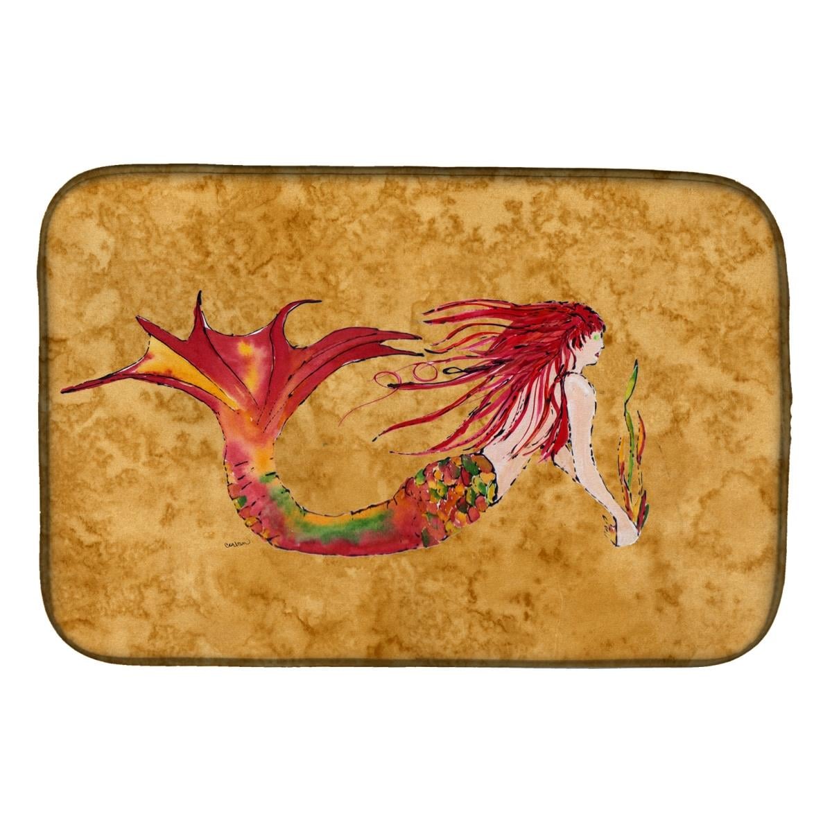 8727DDM Ginger Red Headed Mermaid on Gold Dish Drying Mat