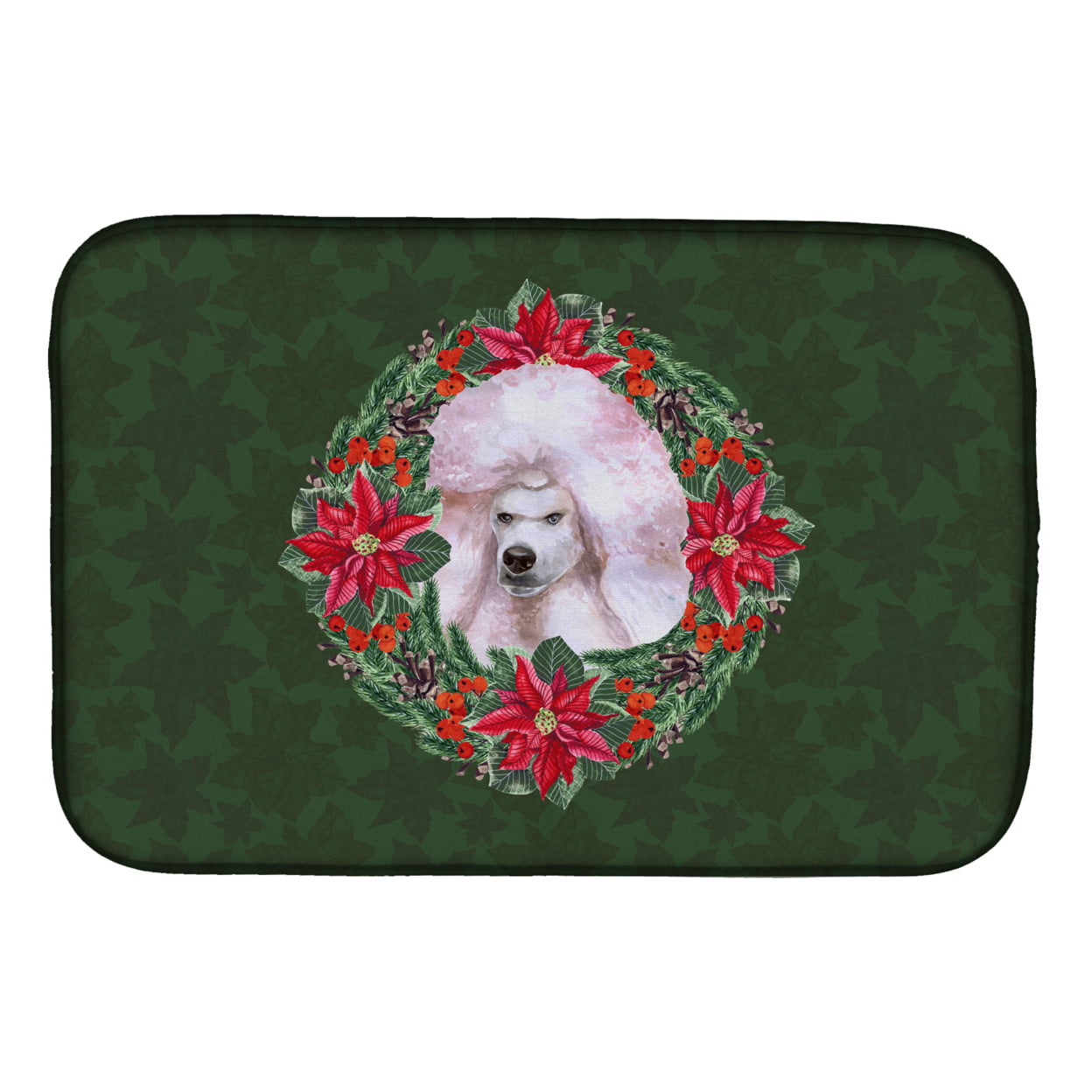 White Standard Poodle Poinsetta Wreath Dish Drying Mat