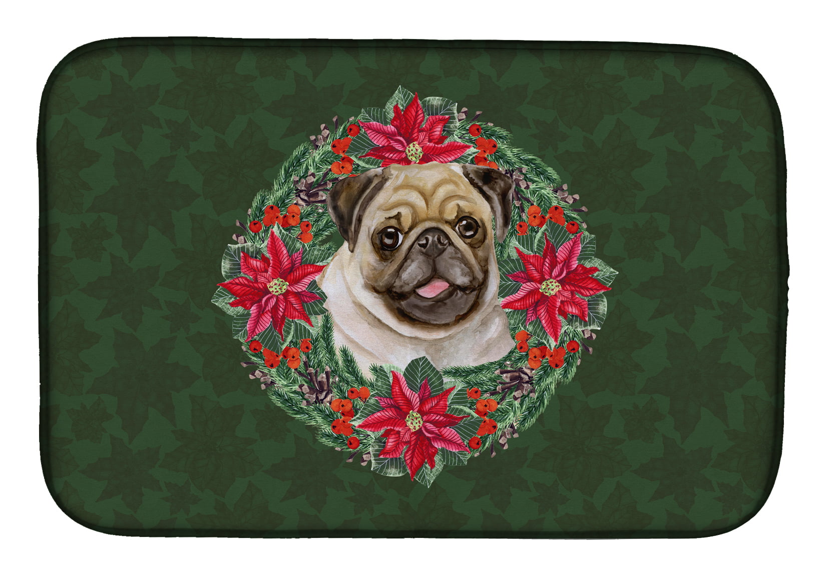 Fawn Pug Poinsetta Wreath Dish Drying Mat