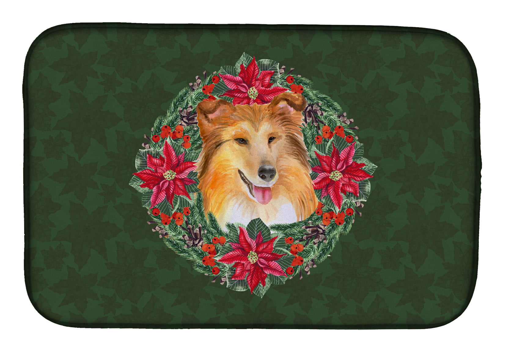 Sheltie Poinsetta Wreath Dish Drying Mat