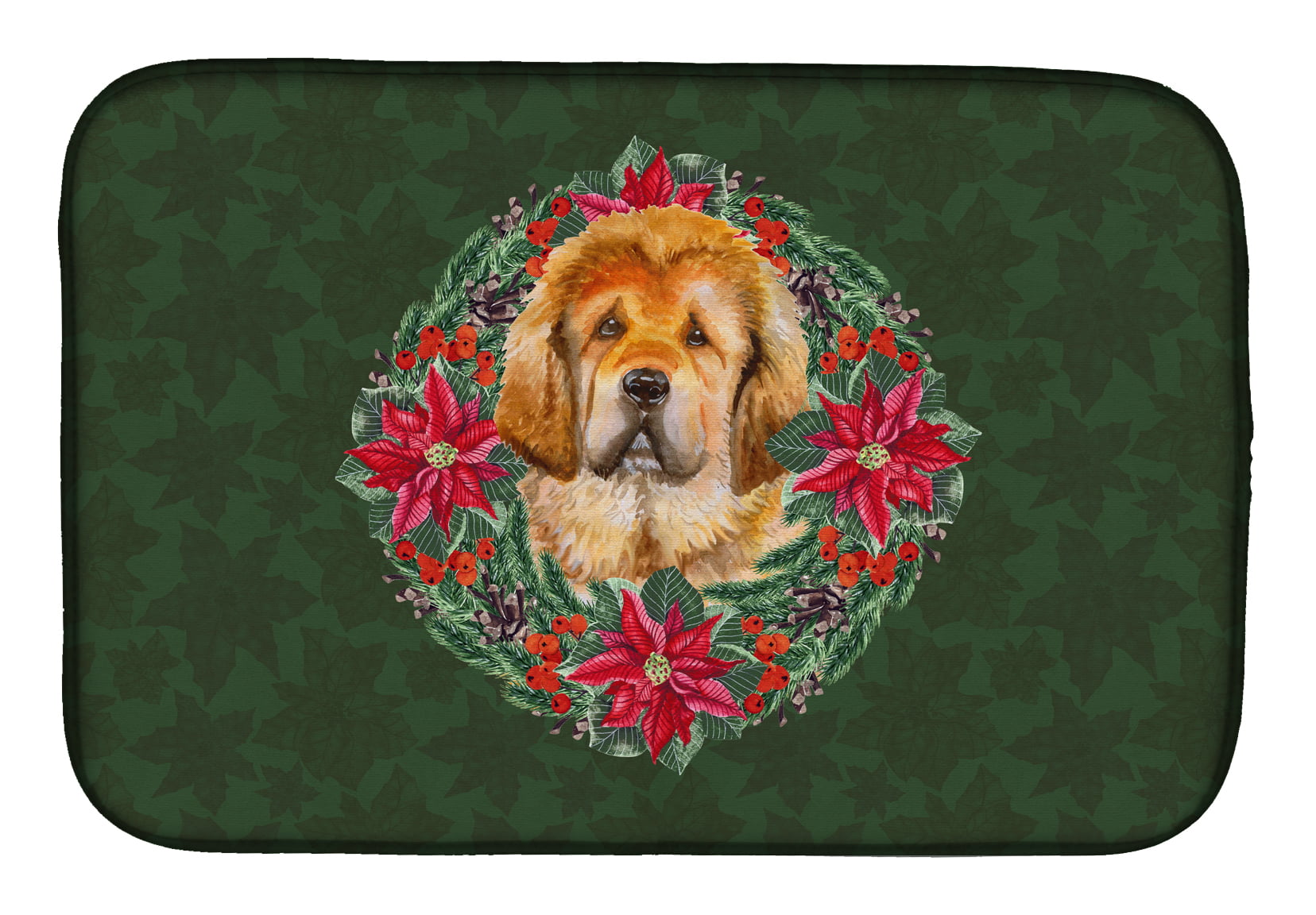 Tibetan Mastiff Poinsetta Wreath Dish Drying Mat