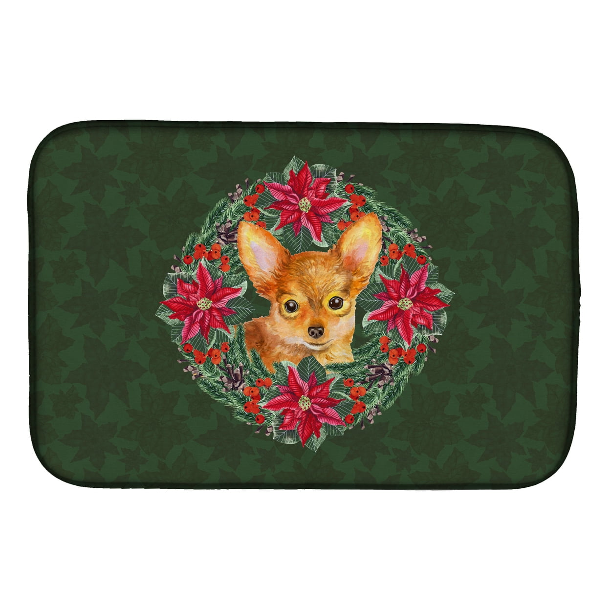 Toy Terrier Poinsetta Wreath Dish Drying Mat