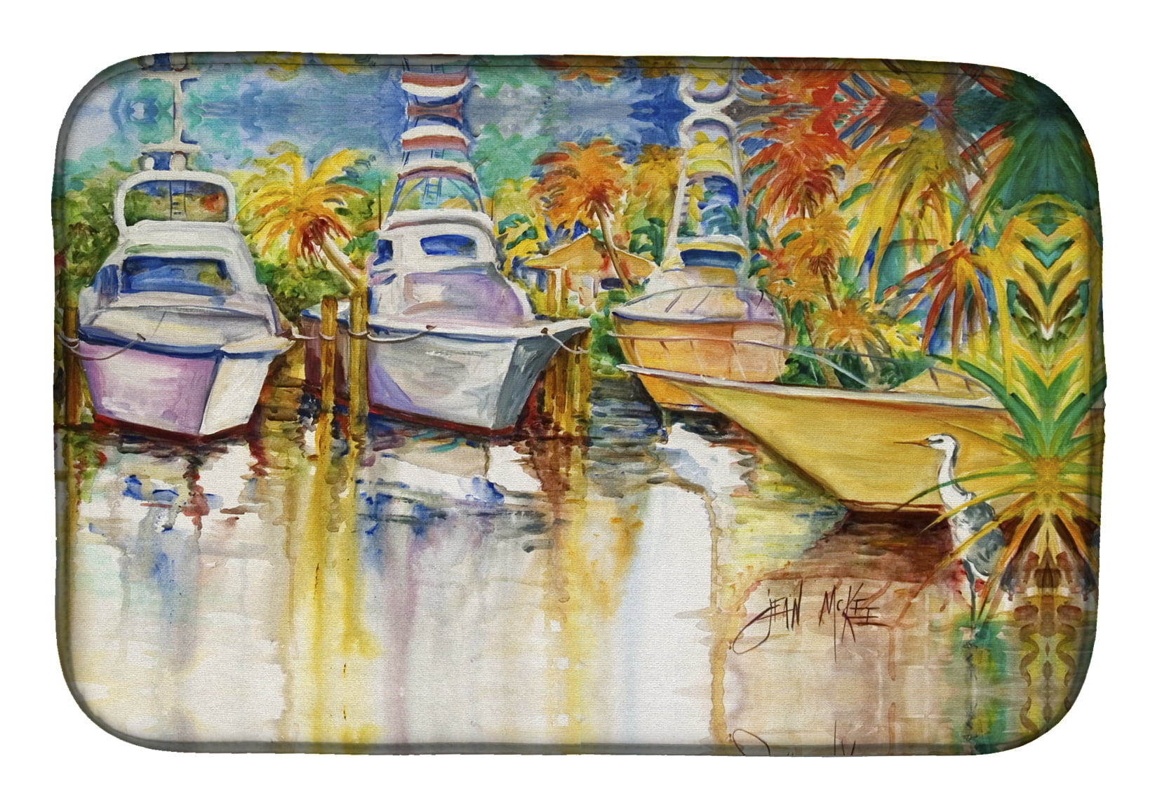 Picture of Carolines Treasures JMK1051DDM Blue Heron & Deep Sea Fishing Boats Dish Drying Mat