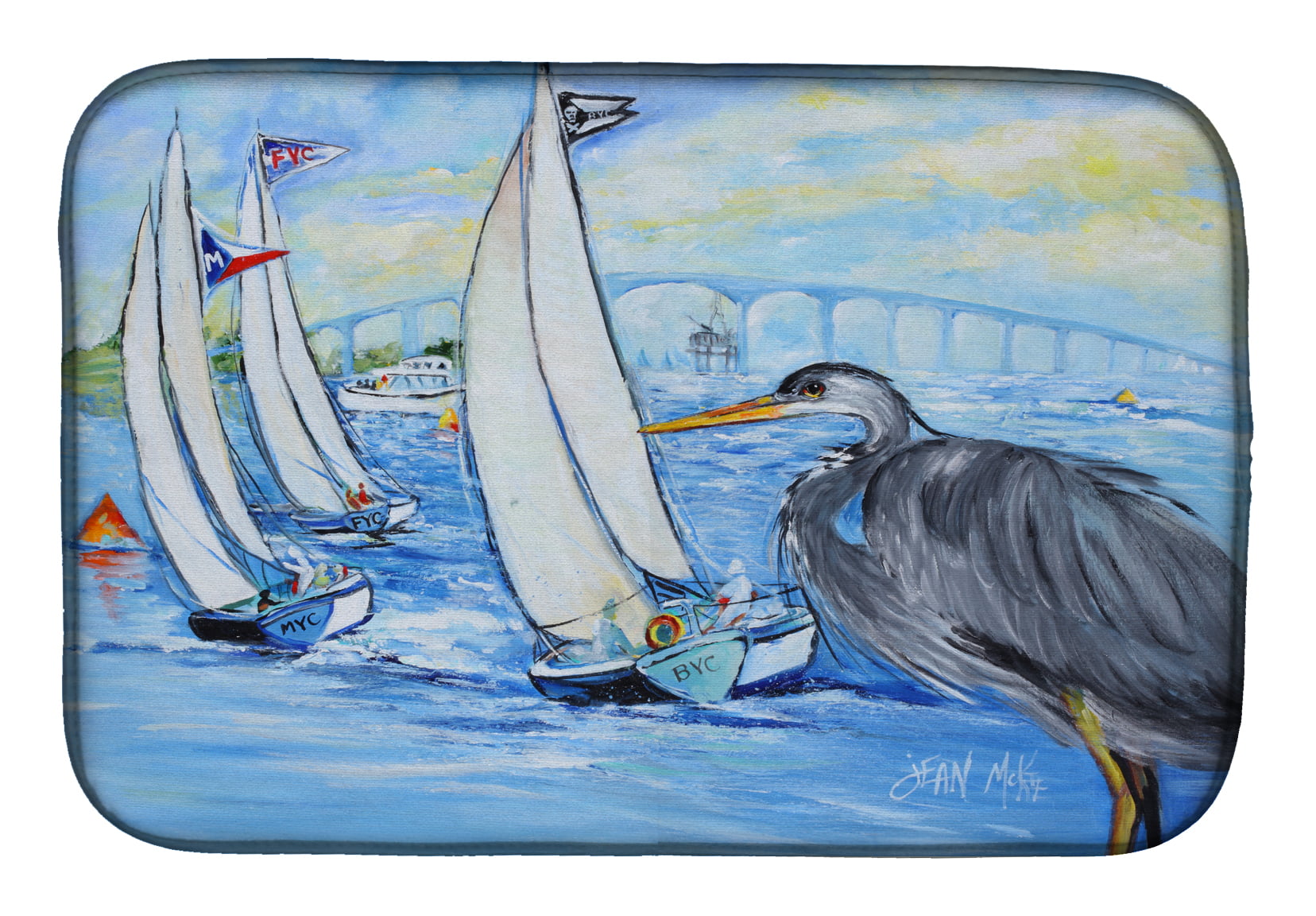 Picture of Carolines Treasures JMK1001DDM Blue Heron Sailboats Dog River Bridge Dish Drying Mat