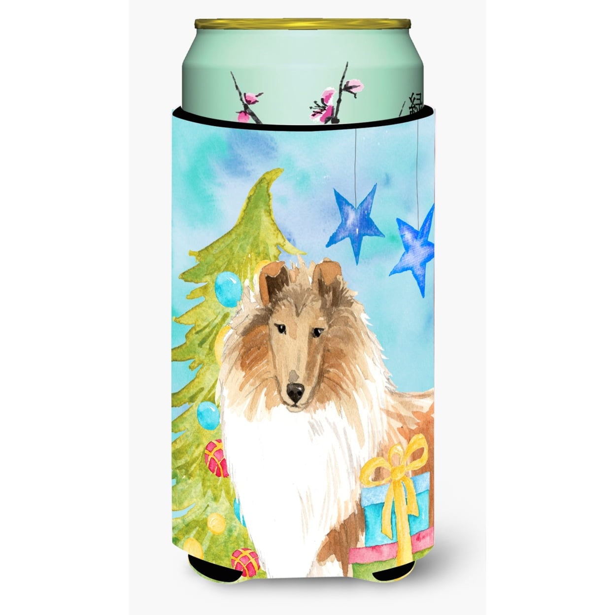 Christmas Tree Rough Collie Tall Boy Beverage Insulator Hugger
