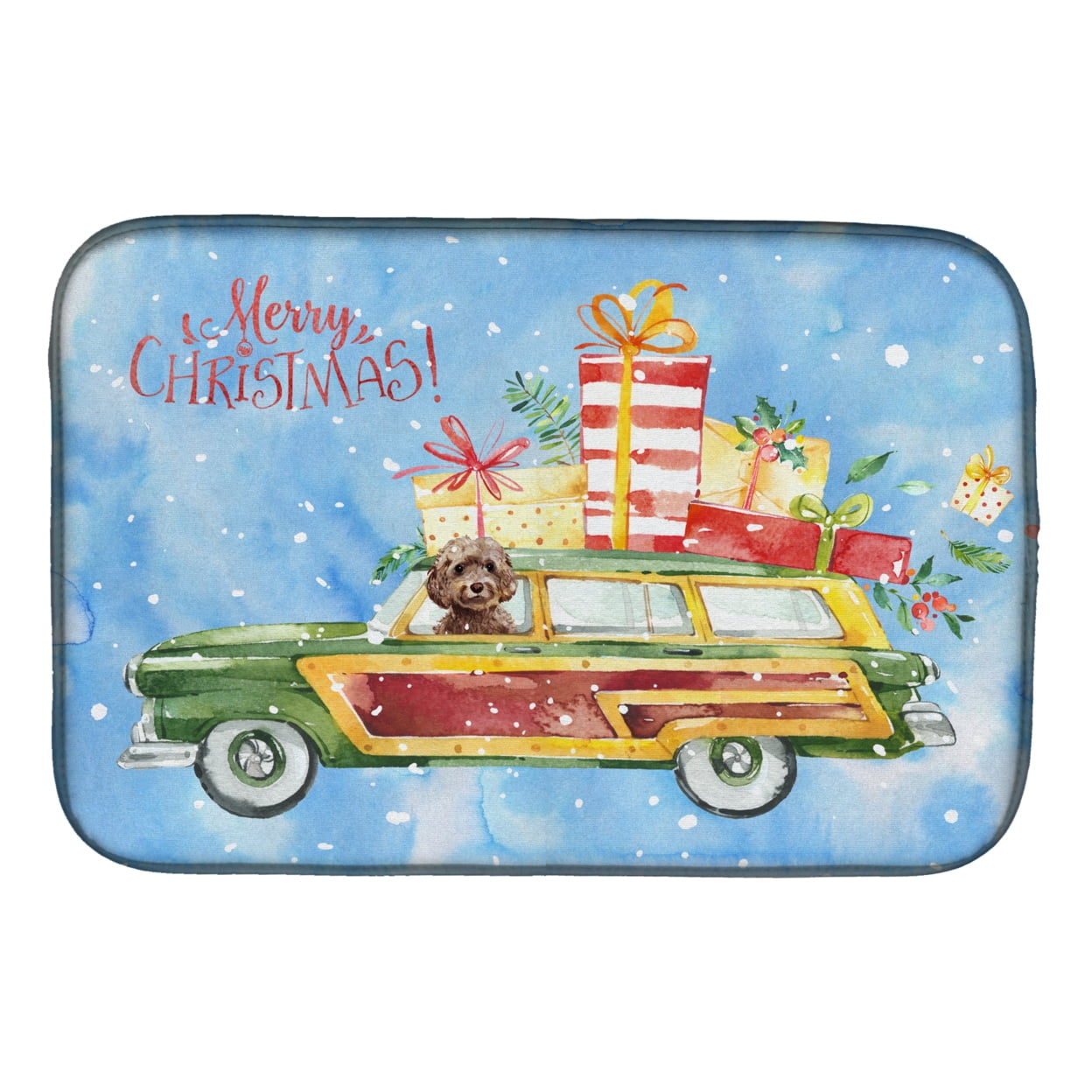 Merry Christmas Brown Cockapoo Dish Drying Mat