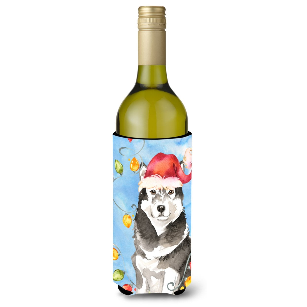 Picture of Carolines Treasures CK2484LITERK Christmas Lights Alaskan Malamute Wine Bottle Beverage Insulator Hugger