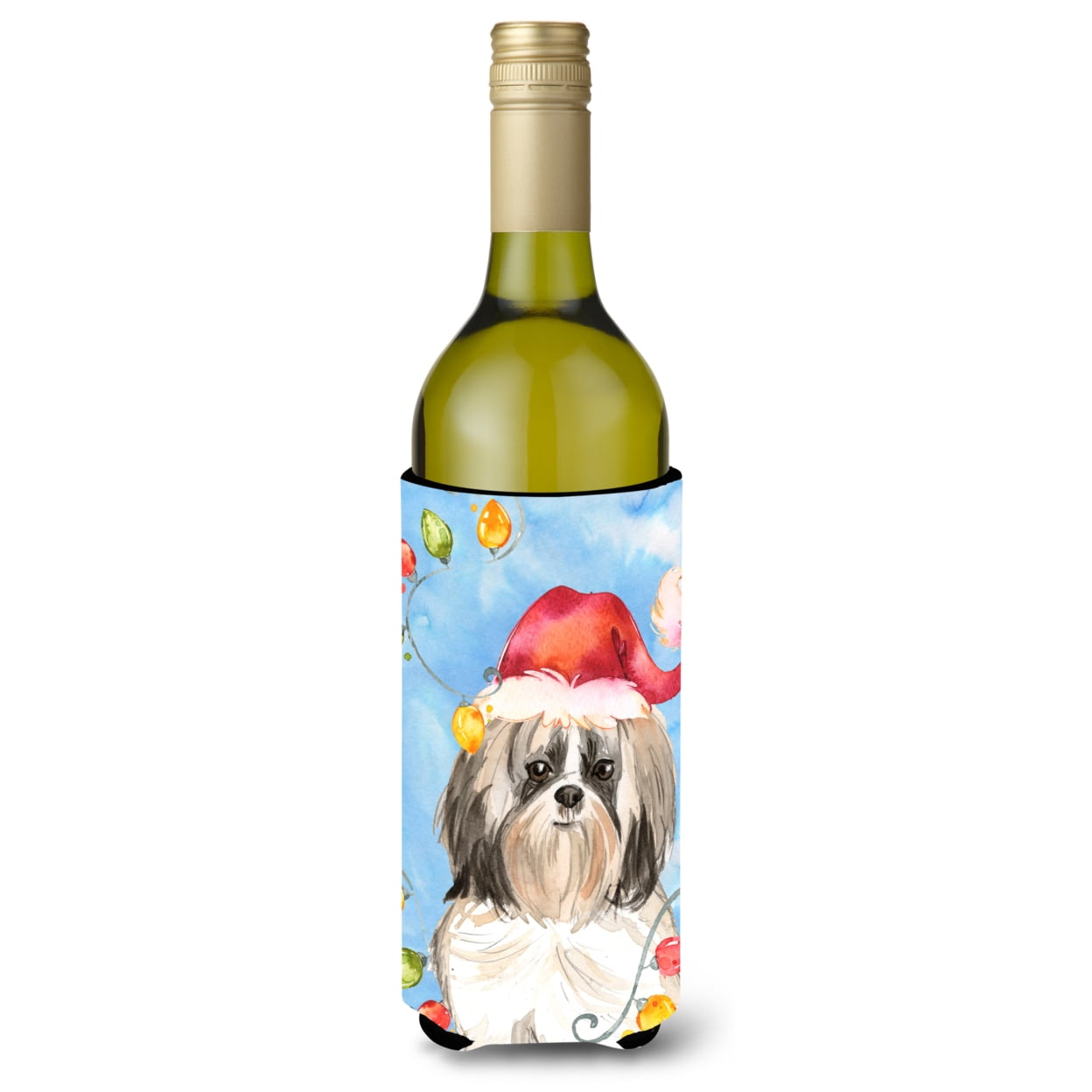 Picture of Carolines Treasures CK2493LITERK Christmas Lights Shih Tzu Wine Bottle Beverage Insulator Hugger