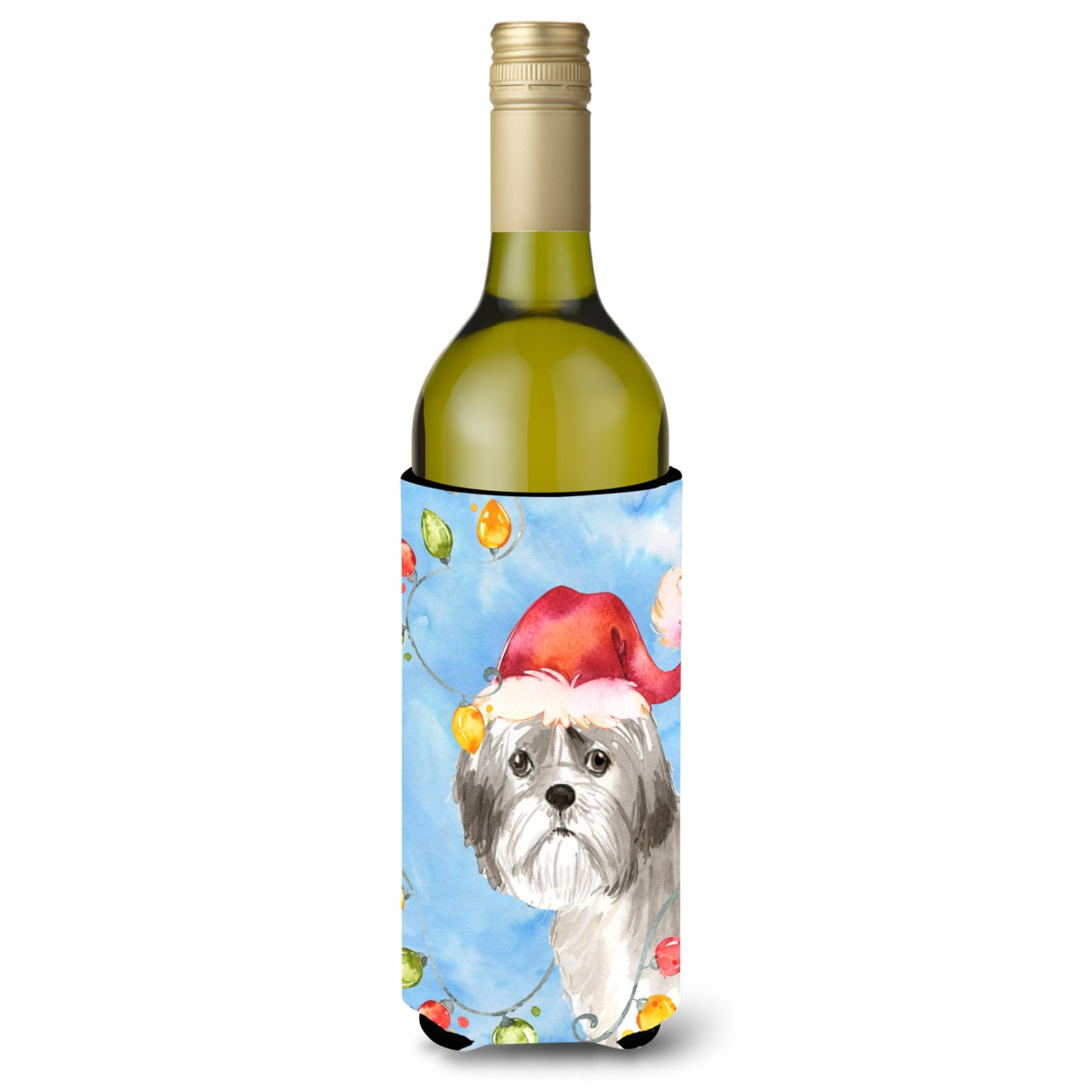 Picture of Carolines Treasures CK2494LITERK Christmas Lights Shih Tzu Puppy Cut Wine Bottle Beverage Insulator Hugger