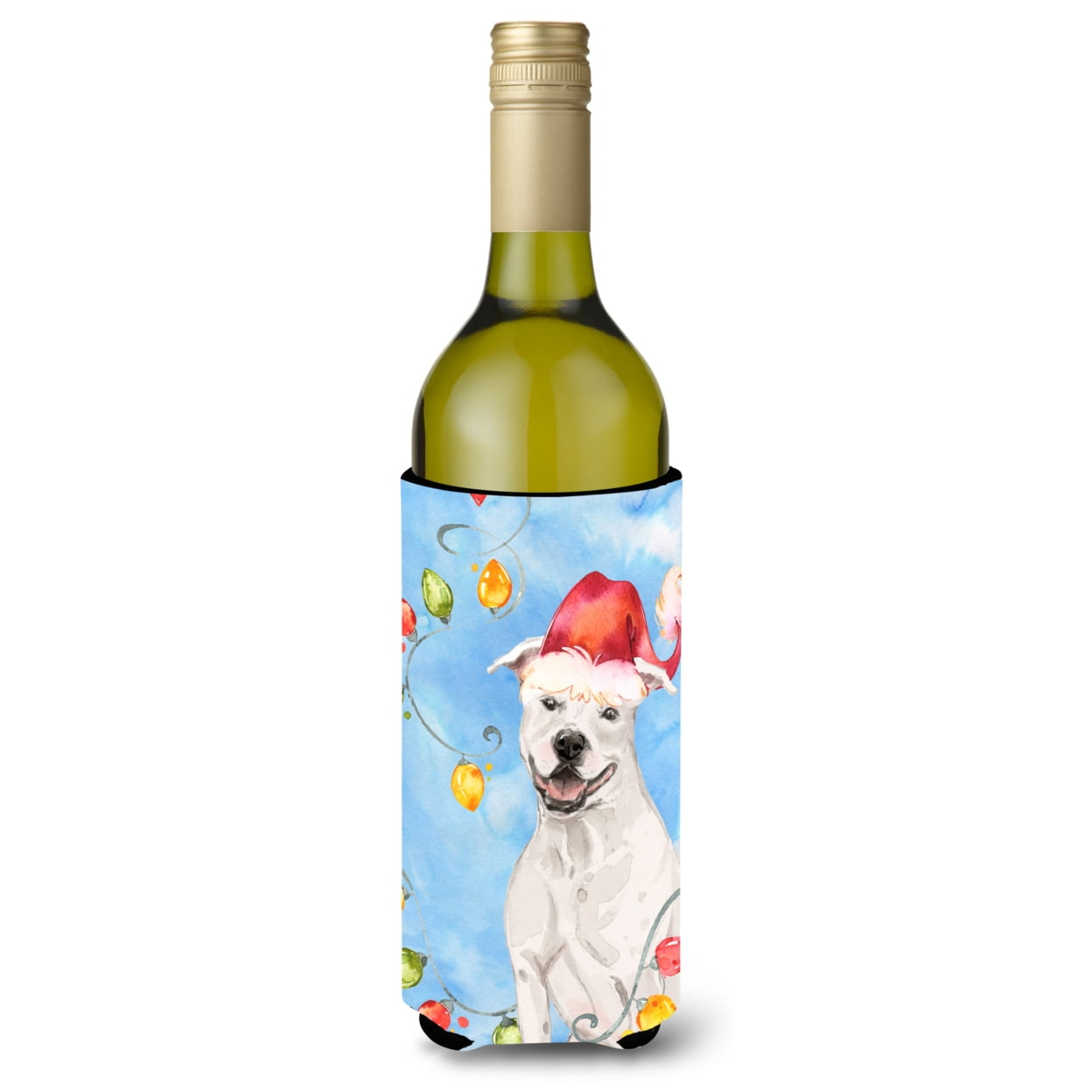 Picture of Carolines Treasures CK2503LITERK Christmas Lights White Staffie Bull Terrier Wine Bottle Beverage Insulator Hugger