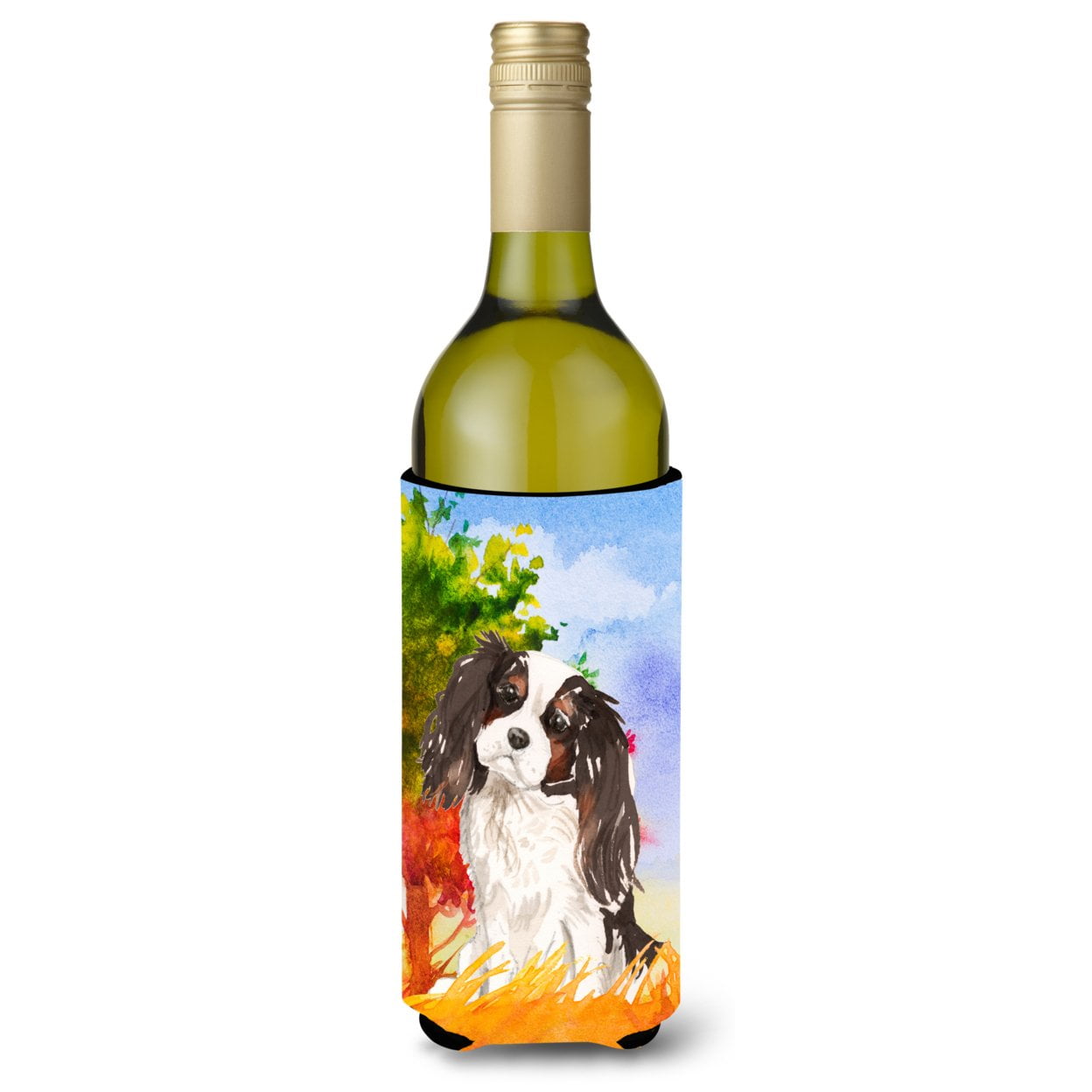 Fall Tricolor Cavalier Spaniel Wine Bottle Beverage Insulator Hugger