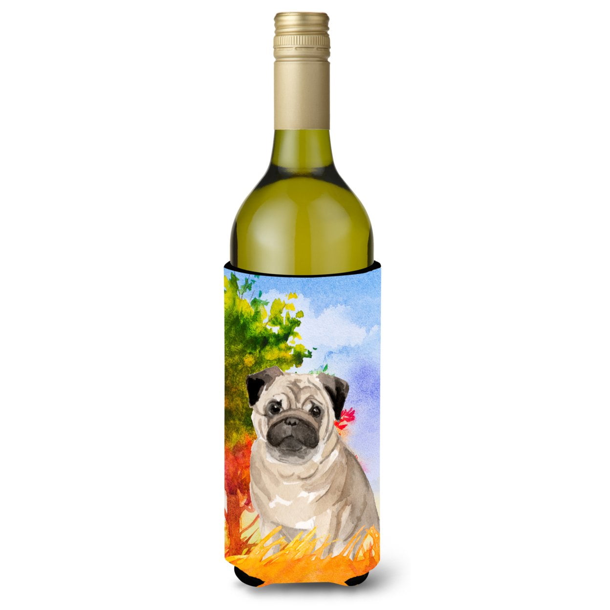 Picture of Carolines Treasures CK1934LITERK Fall Fawn Pug Wine Bottle Beverage Insulator Hugger