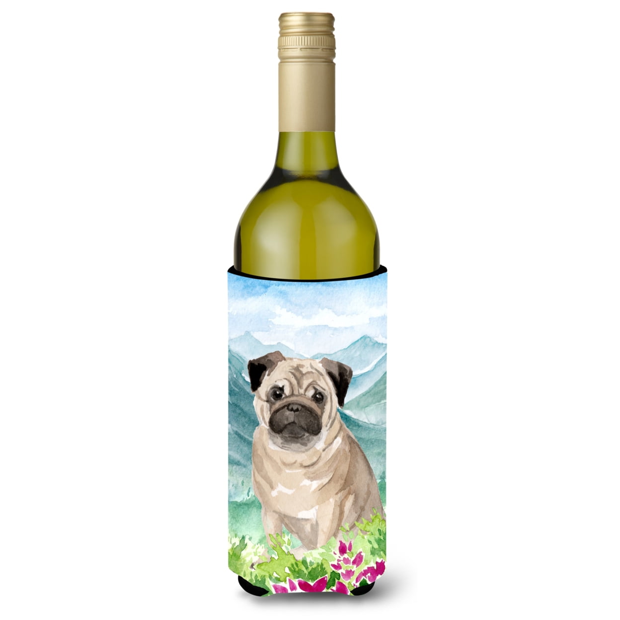 Mountian Flowers Fawn Pug Wine Bottle Beverage Insulator Hugger