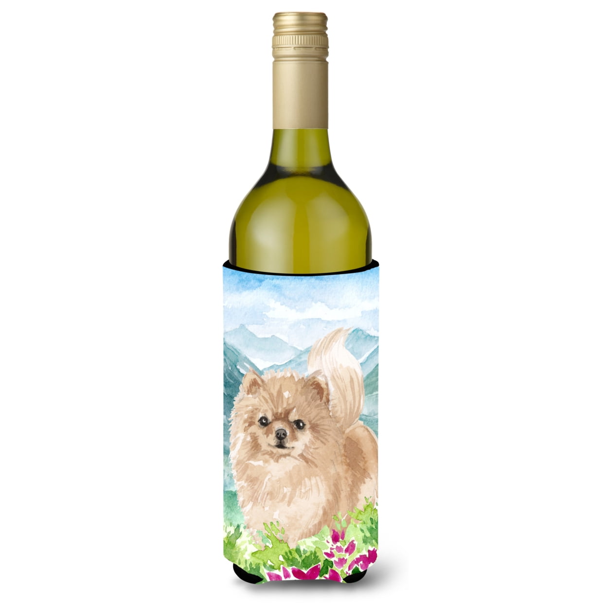 Mountian Flowers Pomeranian Wine Bottle Beverage Insulator Hugger