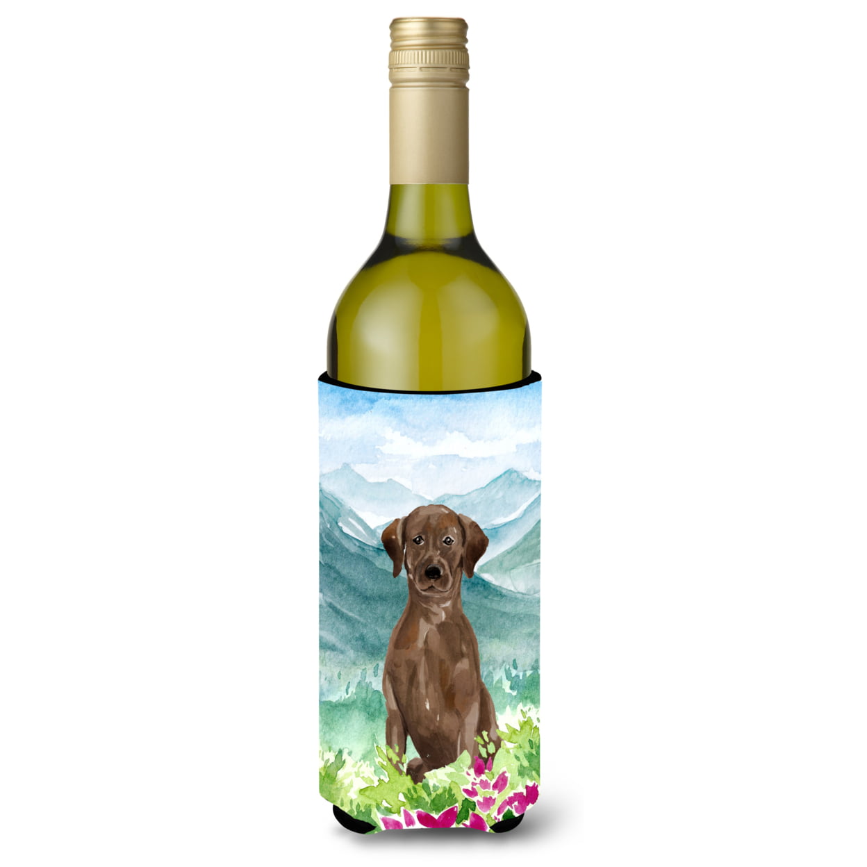 Mountian Flowers Chocolate Lab Wine Bottle Beverage Insulator Hugger