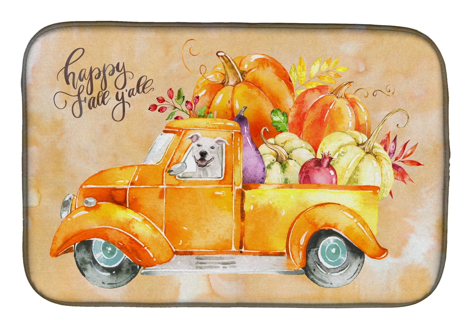 Fall Harvest White Staffordshire Bull Terrier Dish Drying Mat