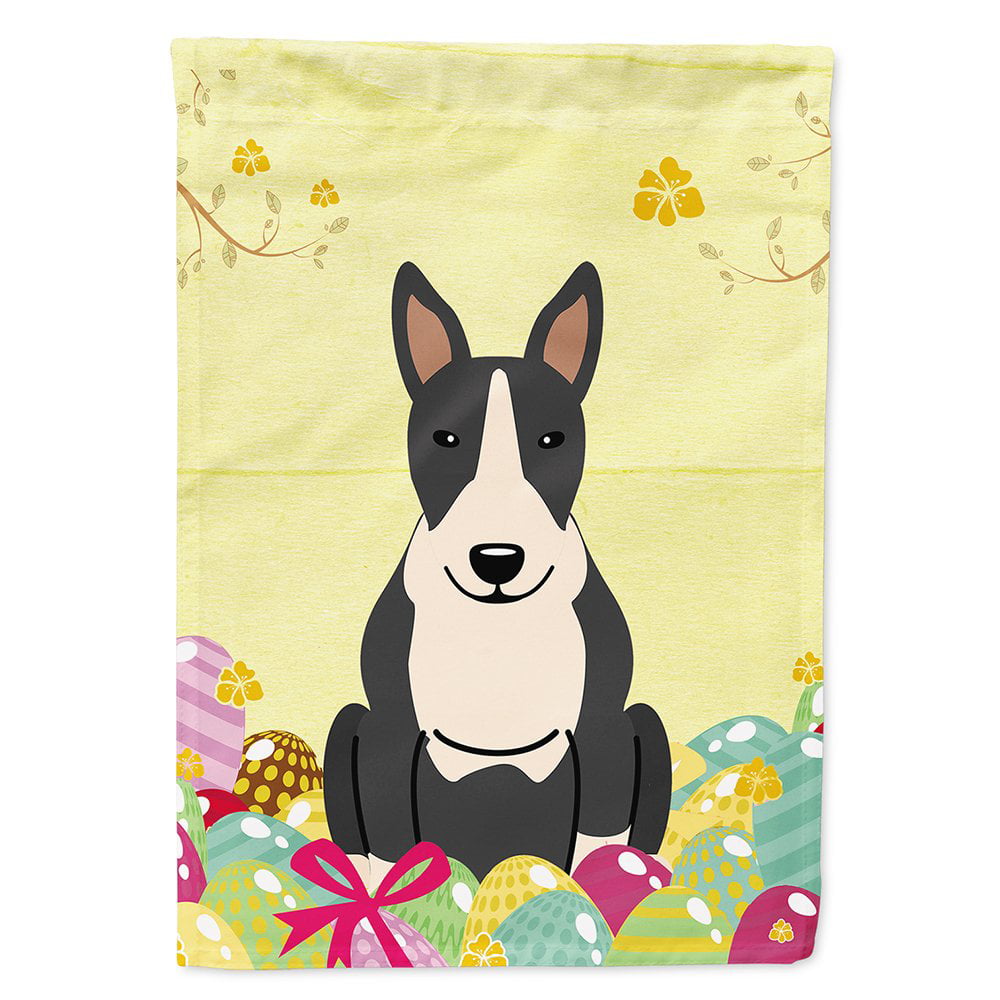 BB6133CHF Easter Eggs Bull Terrier Black White Flag Canvas House Size