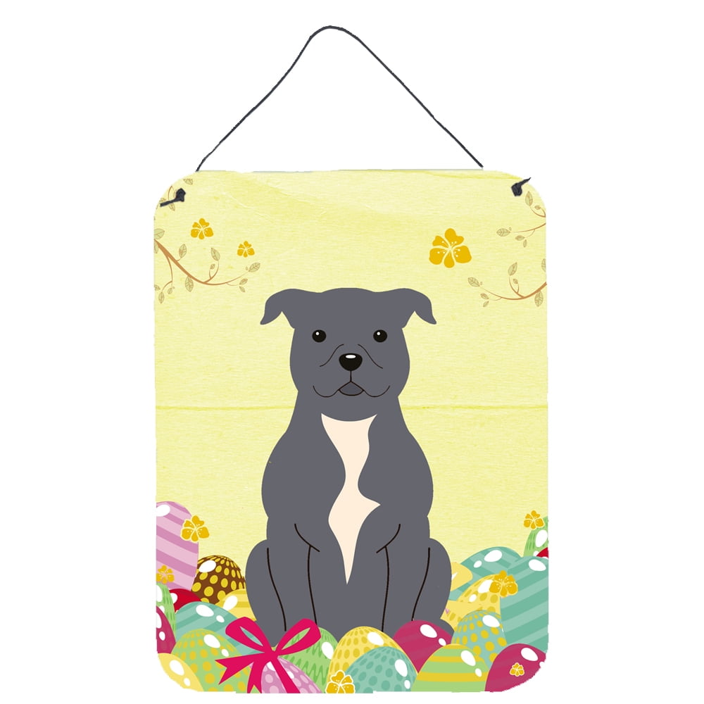 Picture of Carolines Treasures BB6046DS1216 Easter Eggs Staffordshire Bull Terrier Blue Wall or Door Hanging Prints
