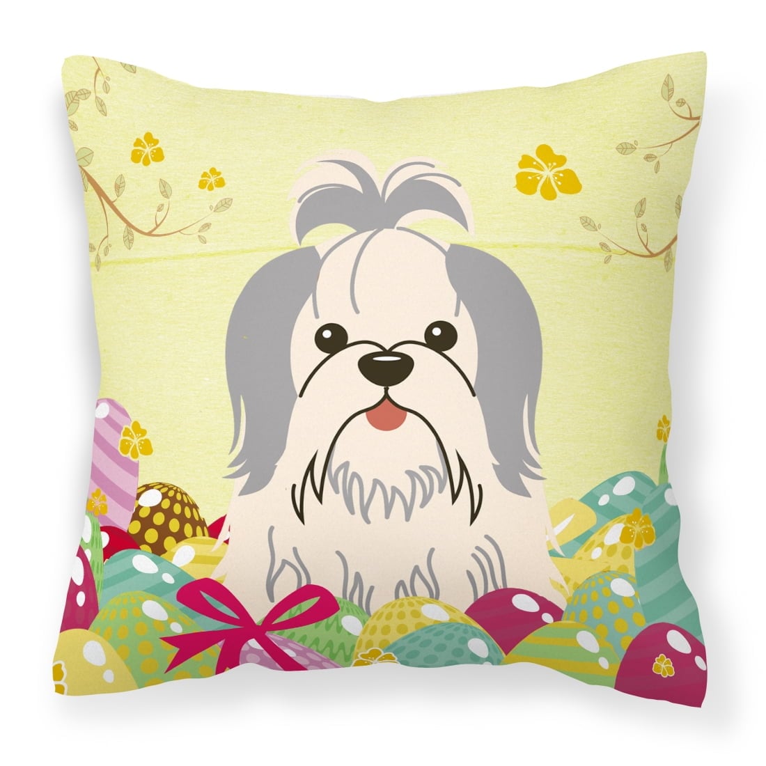 Easter Eggs Shih Tzu Silver & White Fabric Decorative Pillow