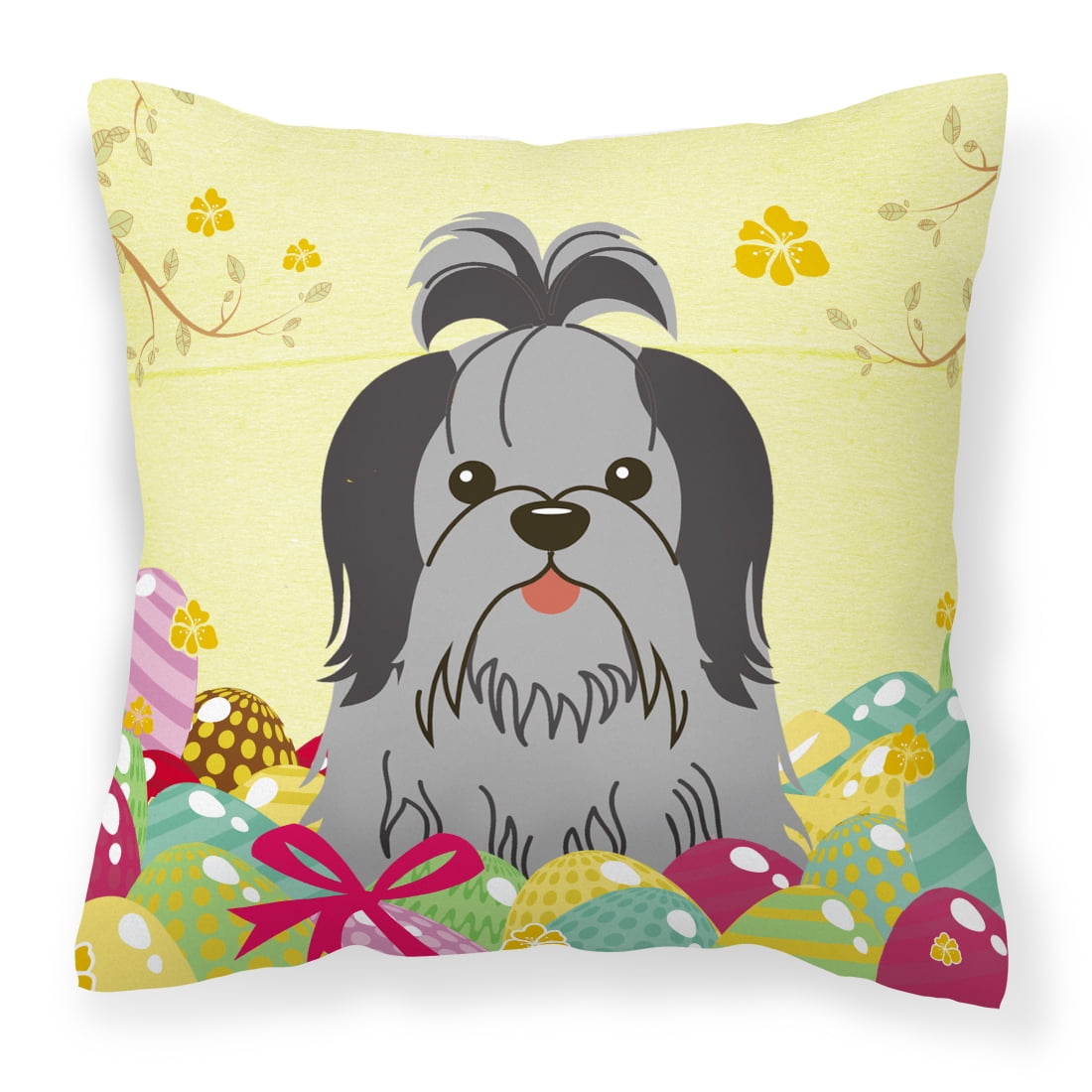 Easter Eggs Shih Tzu Black Silver Fabric Decorative Pillow