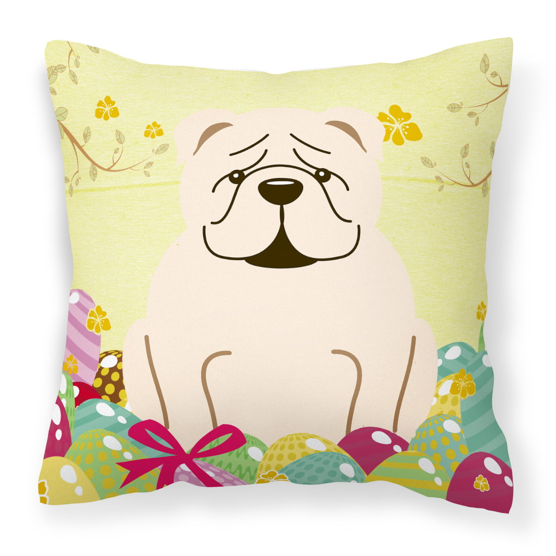 Easter Eggs English Bulldog White Fabric Decorative Pillow