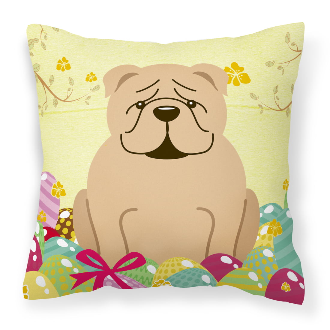 Easter Eggs English Bulldog Fawn Fabric Decorative Pillow