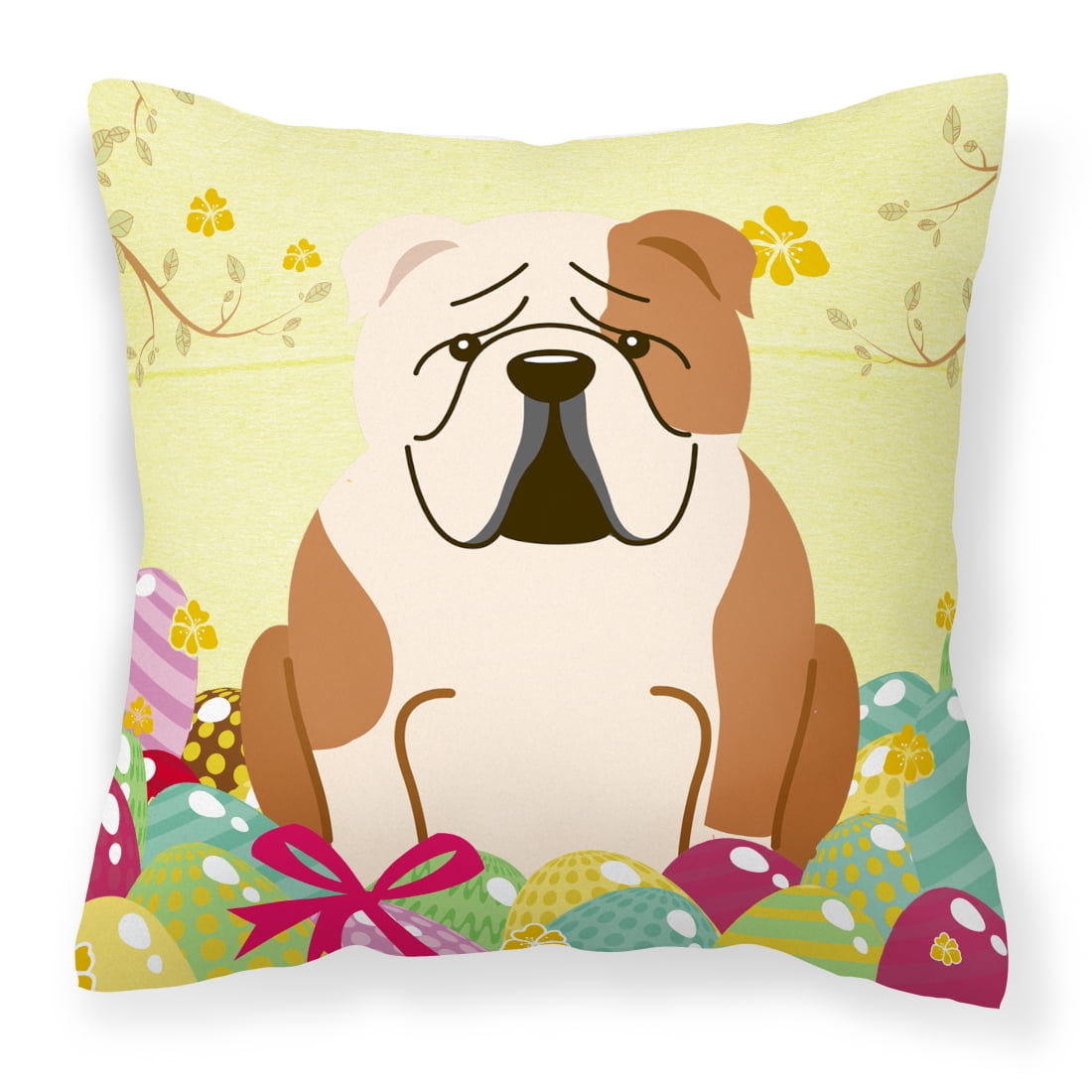Easter Eggs English Bulldog Fawn White Fabric Decorative Pillow