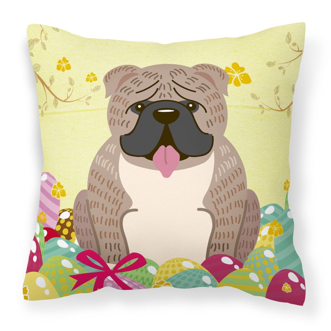 Easter Eggs English Bulldog Grey Brindle Fabric Decorative Pillow