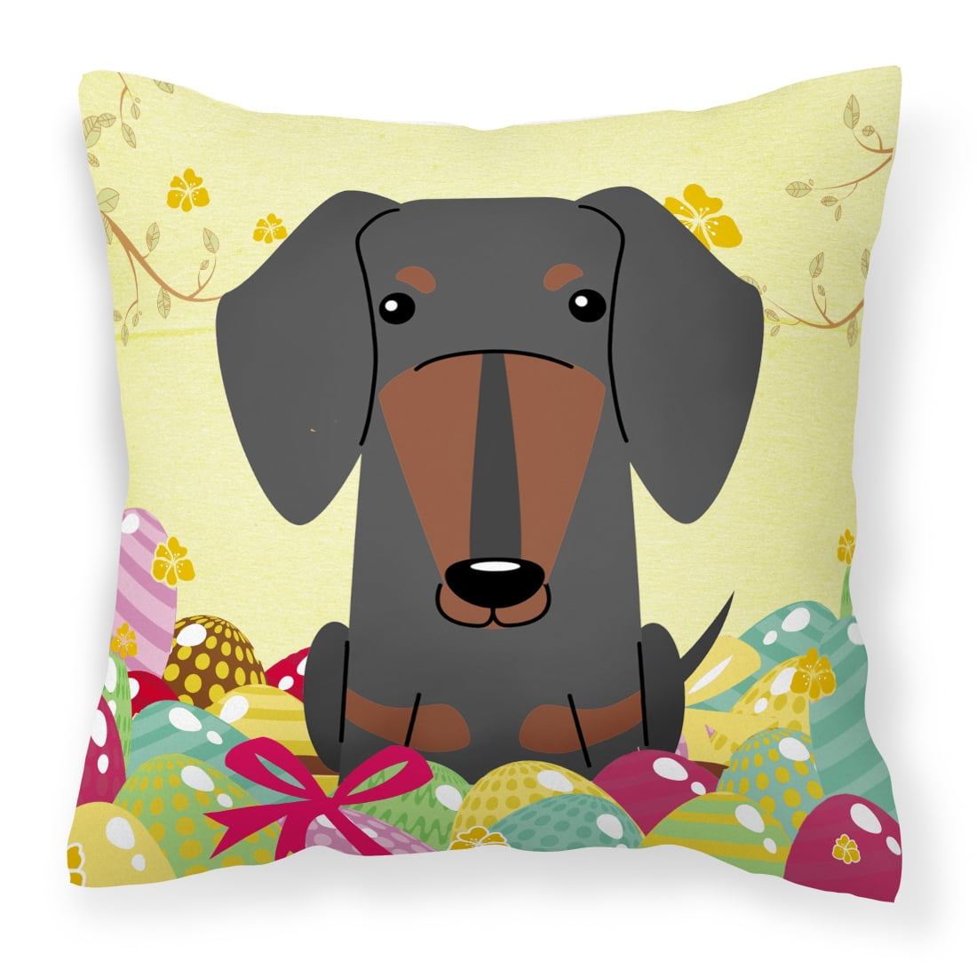 BB6132PW1818 Easter Eggs Dachshund Black Tan Fabric Decorative Pillow