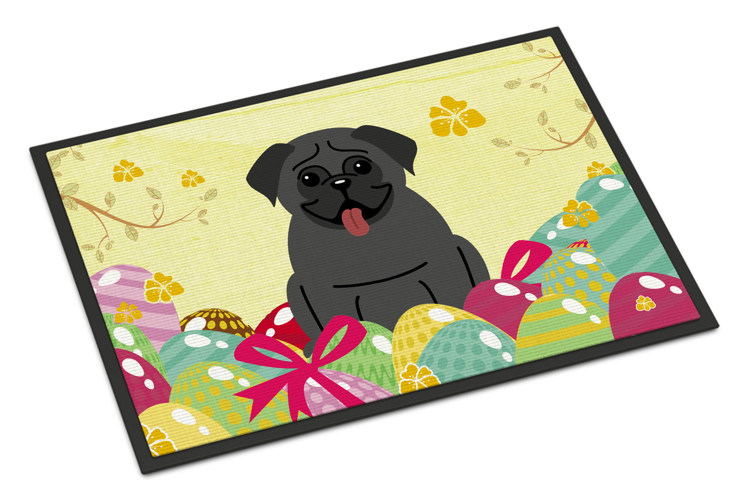 24 x 36 in. Easter Eggs Pug Black Indoor or Outdoor Mat