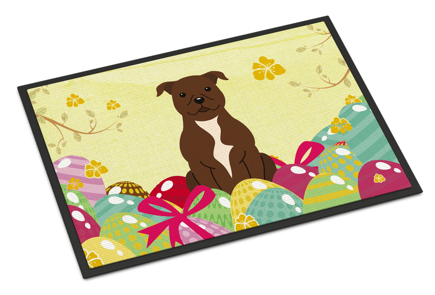 BB6048JMAT 24 x 36 in. Easter Eggs Staffordshire Bull Terrier Chocolate Indoor or Outdoor Mat