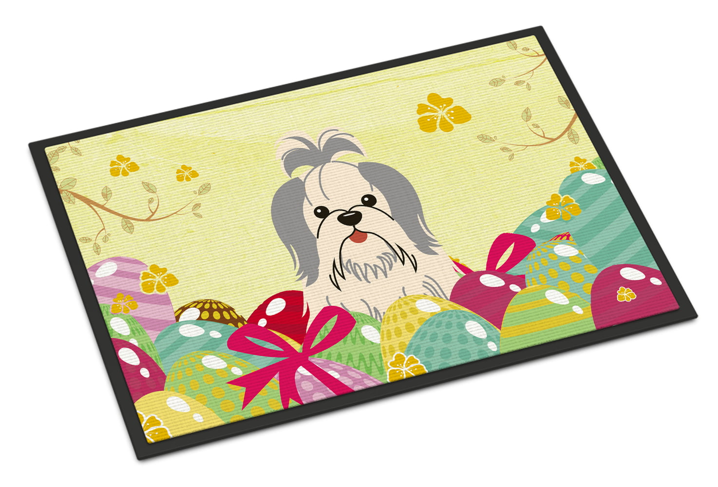 24 x 36 in. Easter Eggs Shih Tzu Silver White Indoor or Outdoor Mat