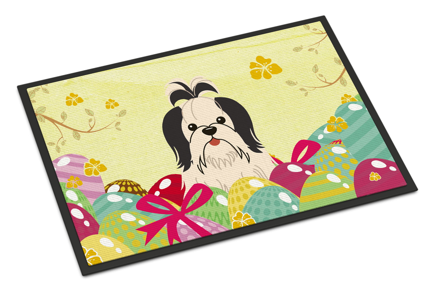 24 x 36 in. Easter Eggs Shih Tzu Black White Indoor or Outdoor Mat