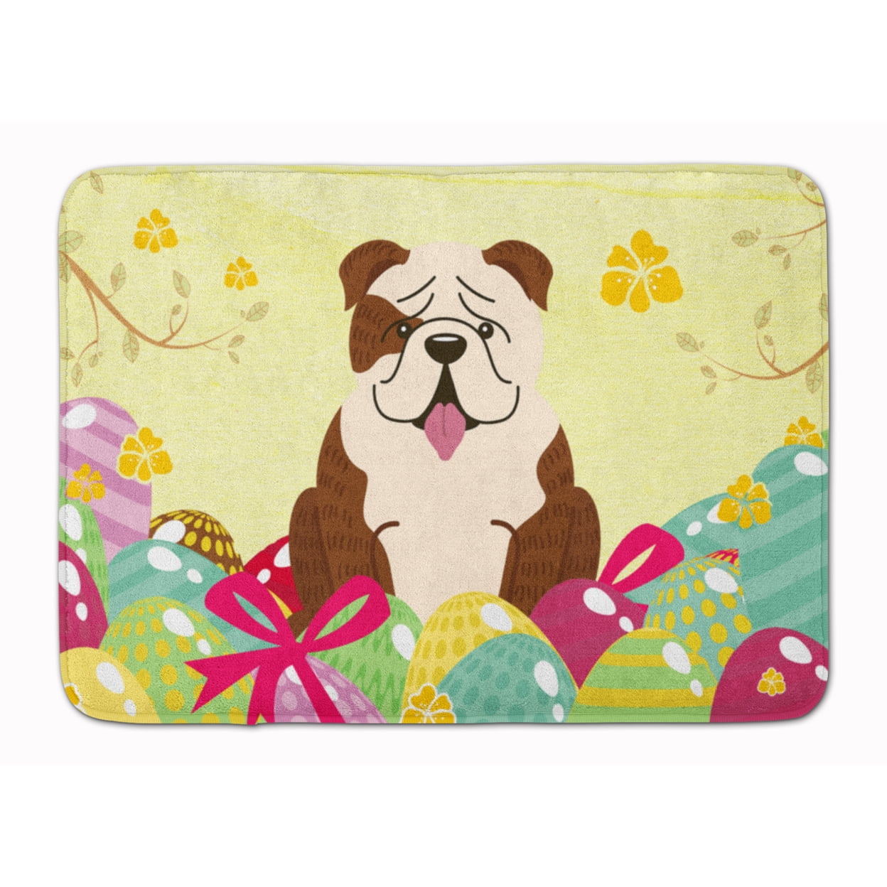 BB6121RUG Easter Eggs English Bulldog Brindle White Machine Washable Memory Foam Mat