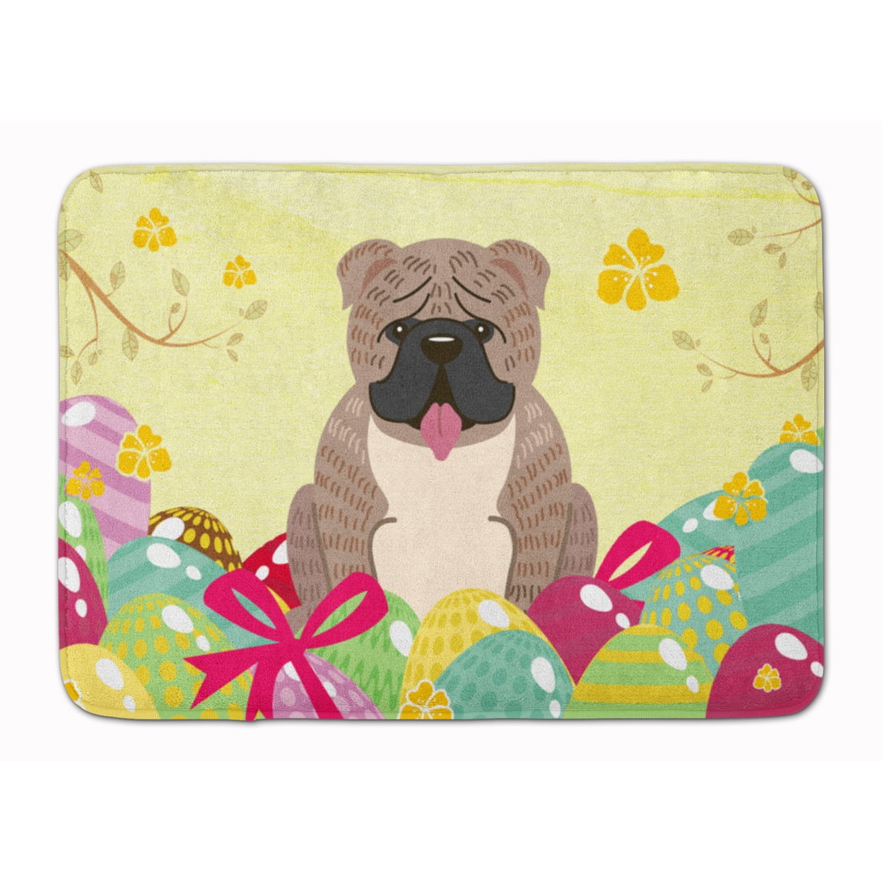 BB6126RUG Easter Eggs English Bulldog Grey Brindle Machine Washable Memory Foam Mat