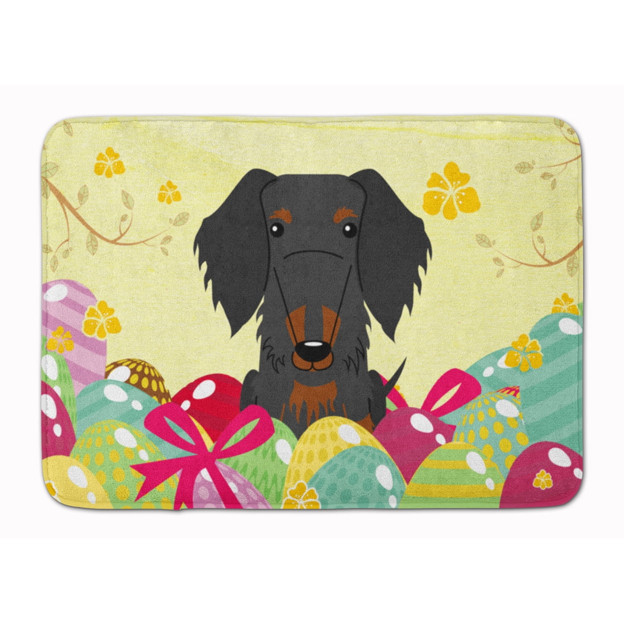 BB6127RUG Easter Eggs Wire Haired Dachshund Black Tan Machine Washable Memory Foam Mat