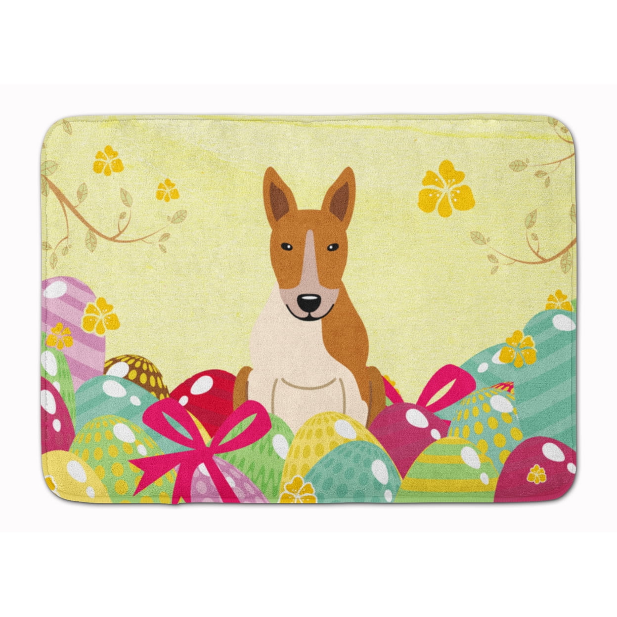 BB6135RUG Easter Eggs Bull Terrier Red White Machine Washable Memory Foam Mat