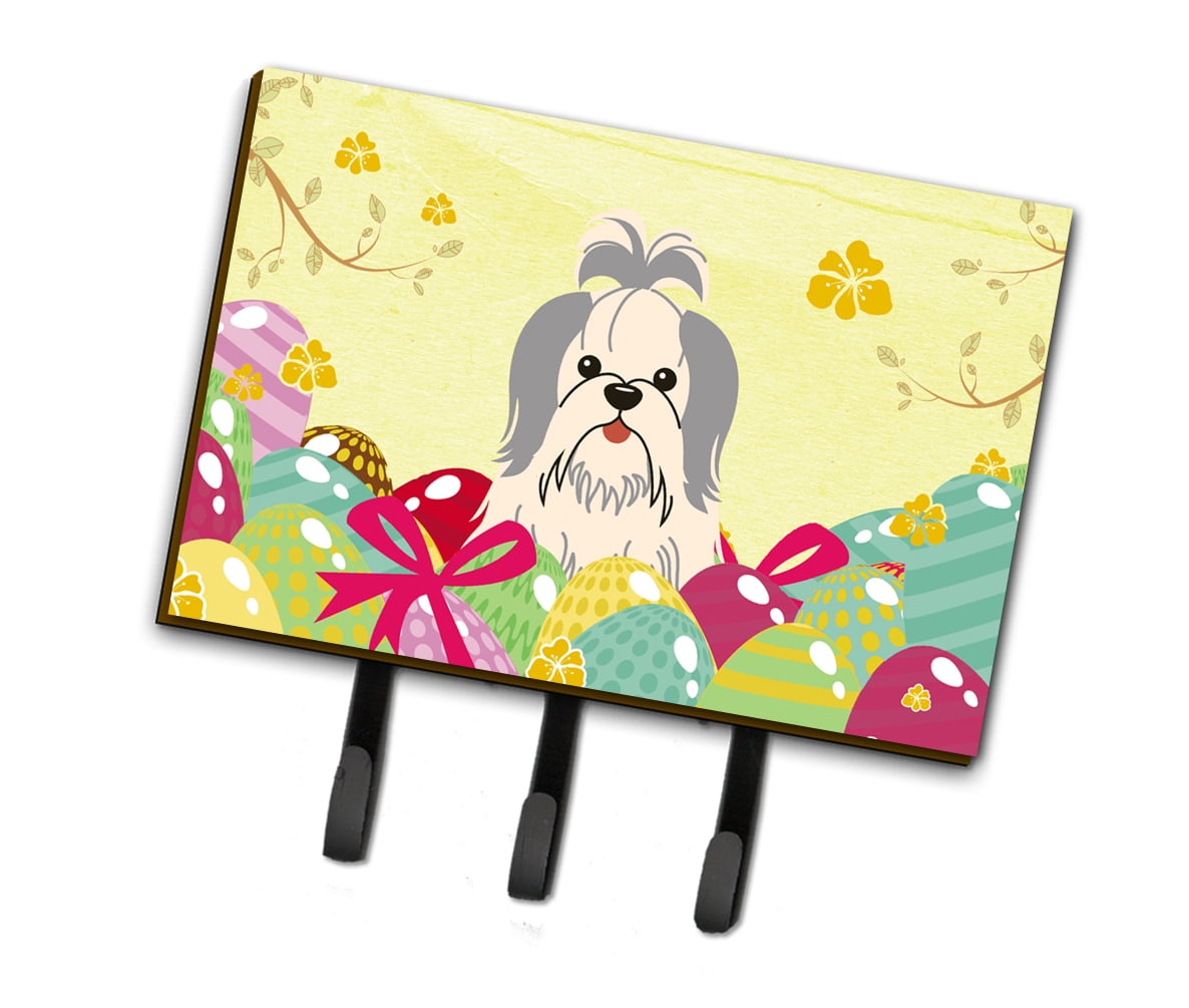 BB6085TH68 Easter Eggs Shih Tzu Silver & White Leash or Key Holder