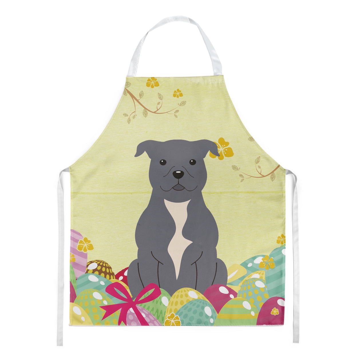 Picture of Carolines Treasures BB6046APRON Easter Eggs Staffordshire Bull Terrier Blue Apron