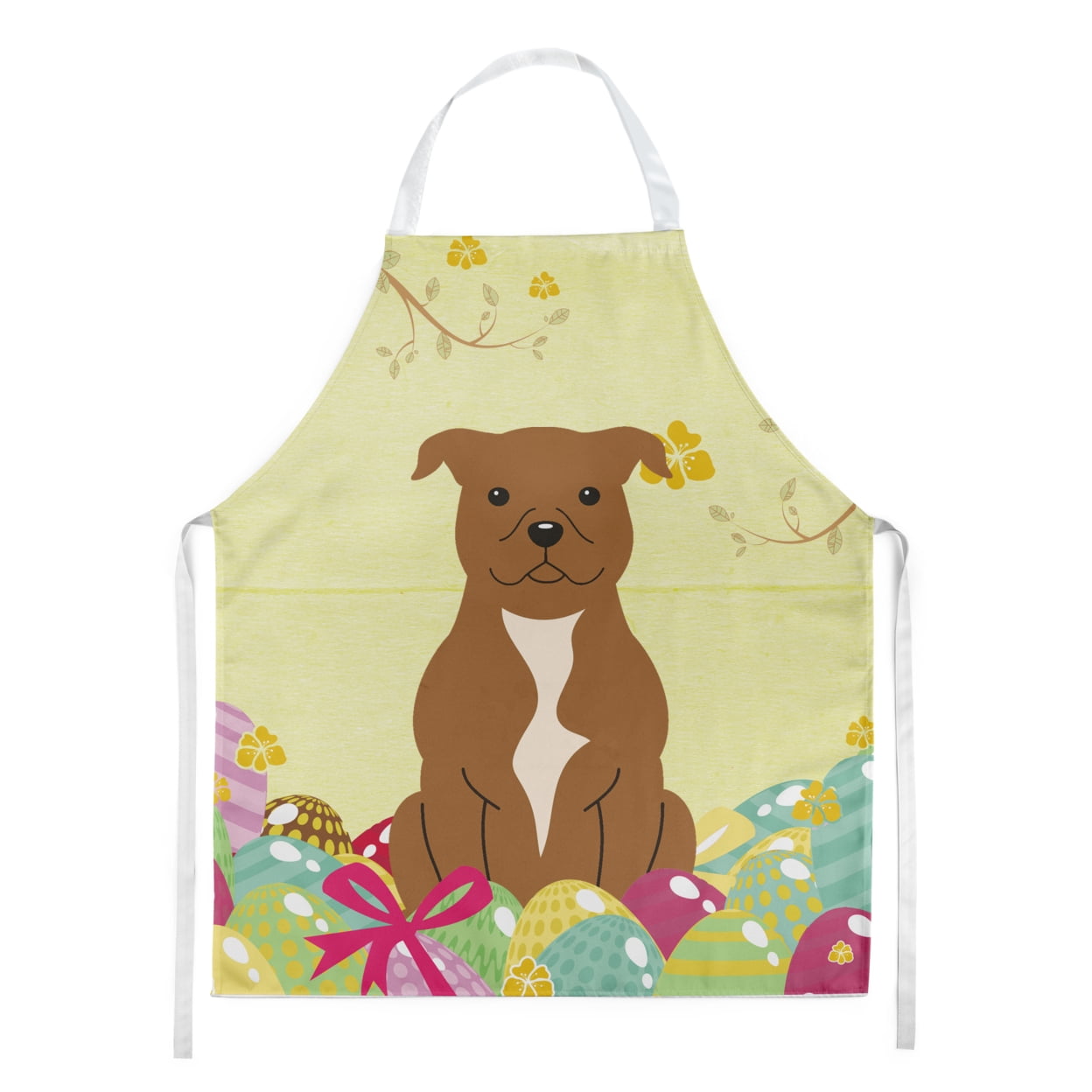Picture of Carolines Treasures BB6047APRON Easter Eggs Staffordshire Bull Terrier Brown Apron