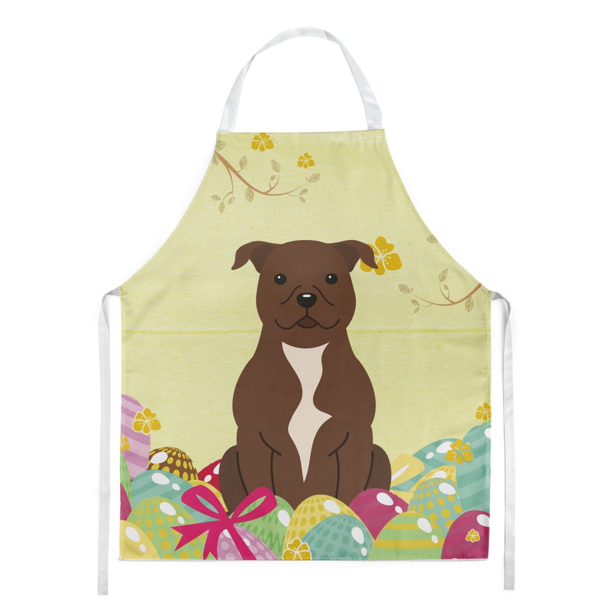 Picture of Carolines Treasures BB6048APRON Easter Eggs Staffordshire Bull Terrier Chocolate Apron