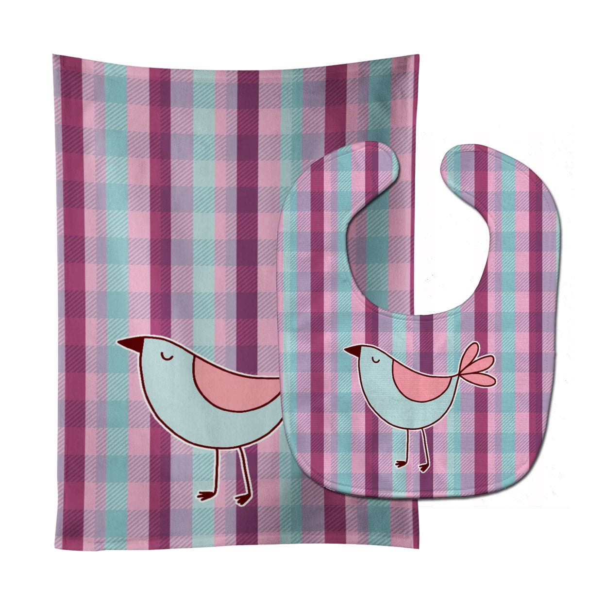 Bird on Purple Plaid Baby Bib & Burp Cloth