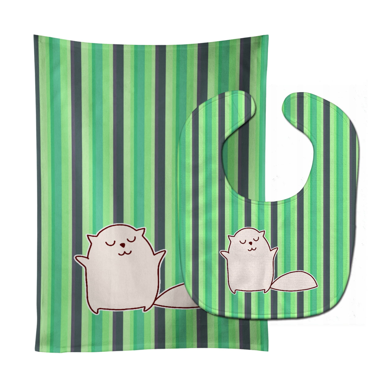Cat Green Stripes Baby Bib & Burp Cloth