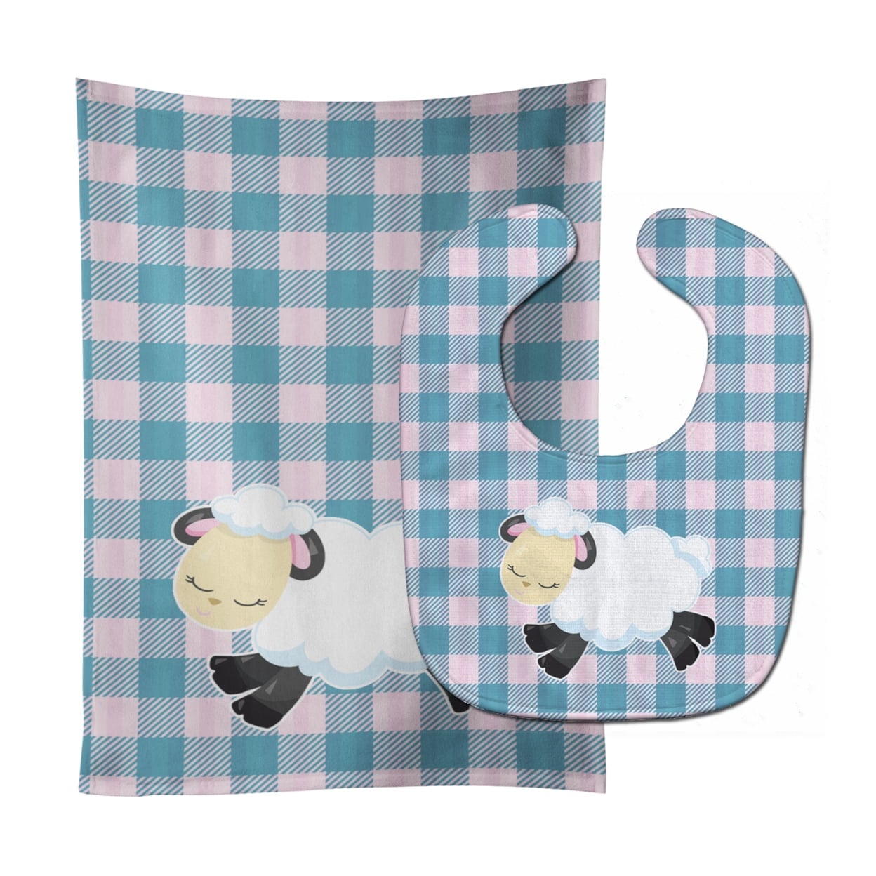 Sheep on Blue Gingham Baby Bib & Burp Cloth