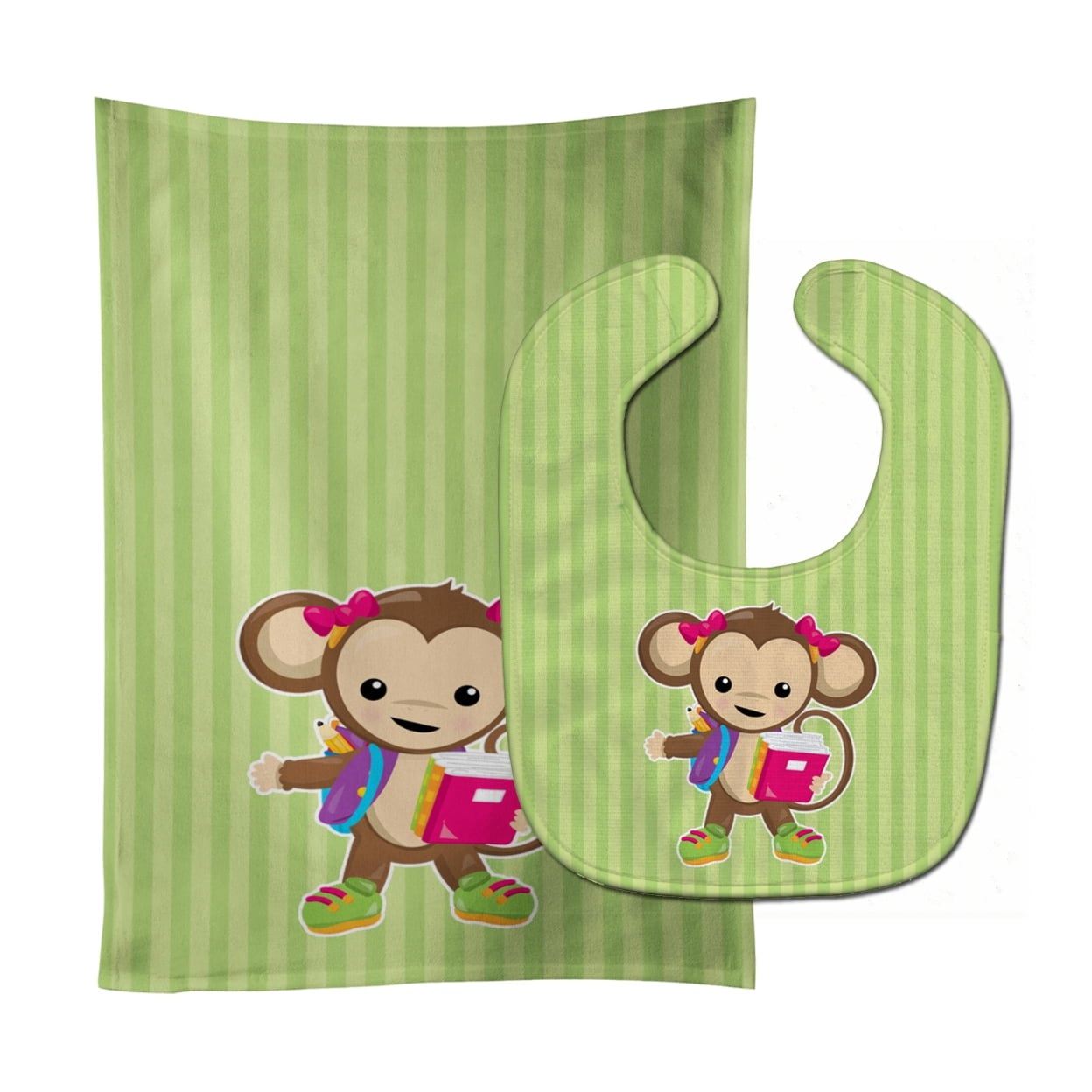 Monkey Going to School Baby Bib & Burp Cloth
