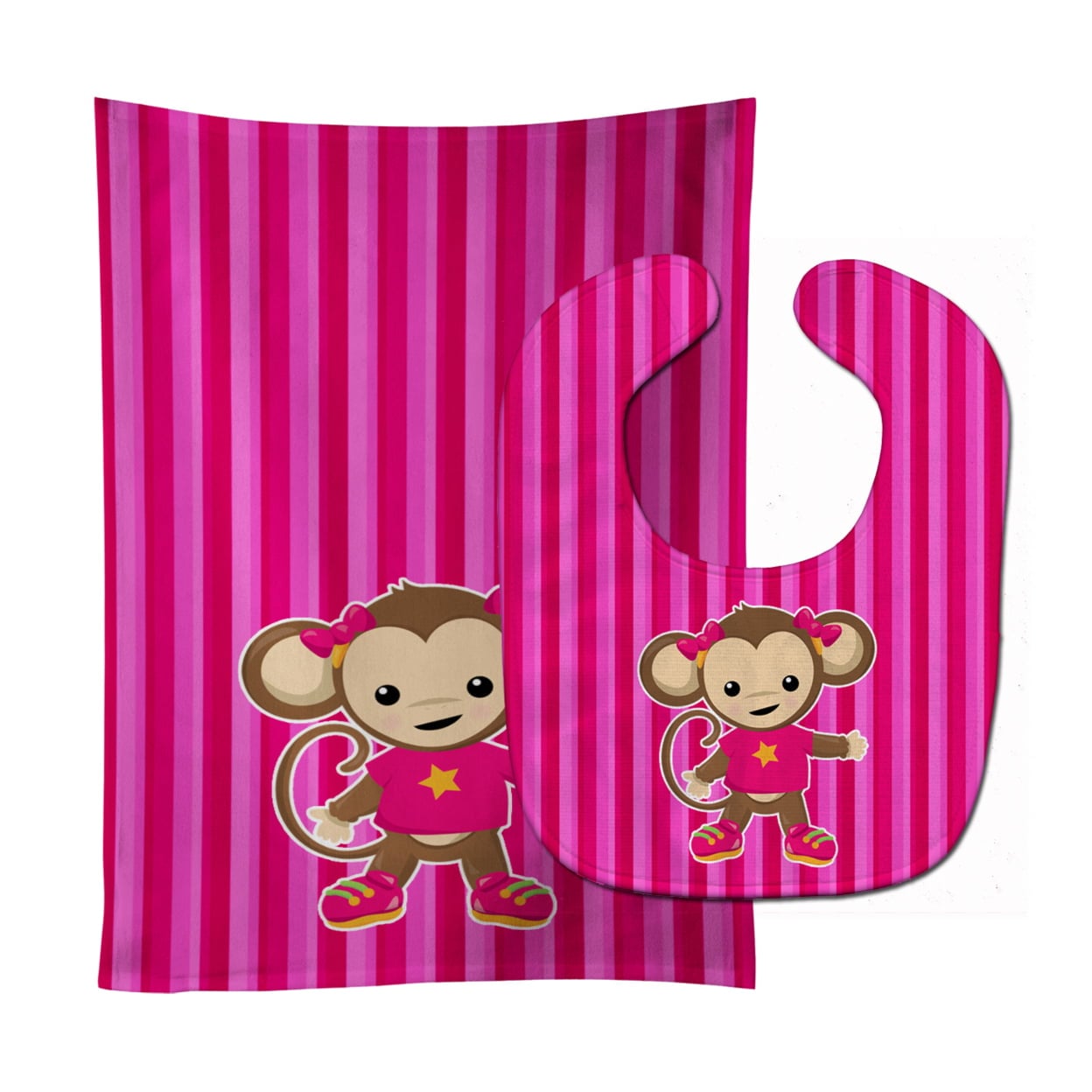 Monkey on Pink Stripes Baby Bib & Burp Cloth