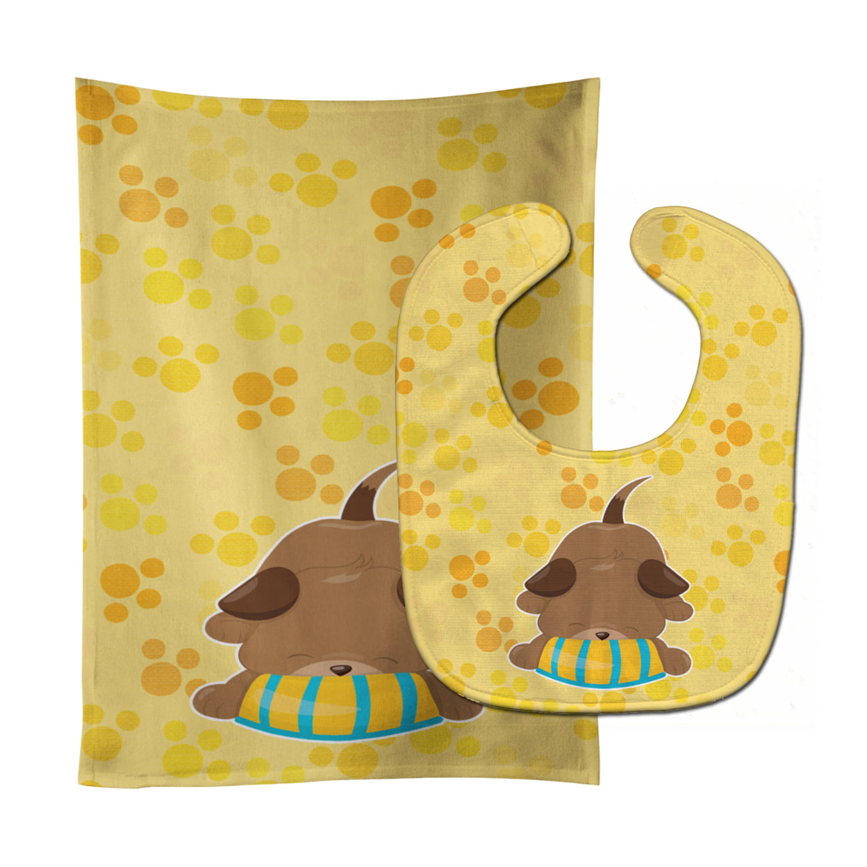 Puppy on Yellow Pawprints Baby Bib & Burp Cloth