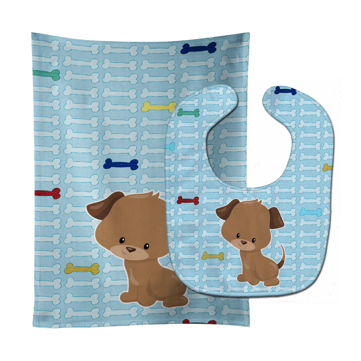 Puppy on Blue Bones Baby Bib & Burp Cloth
