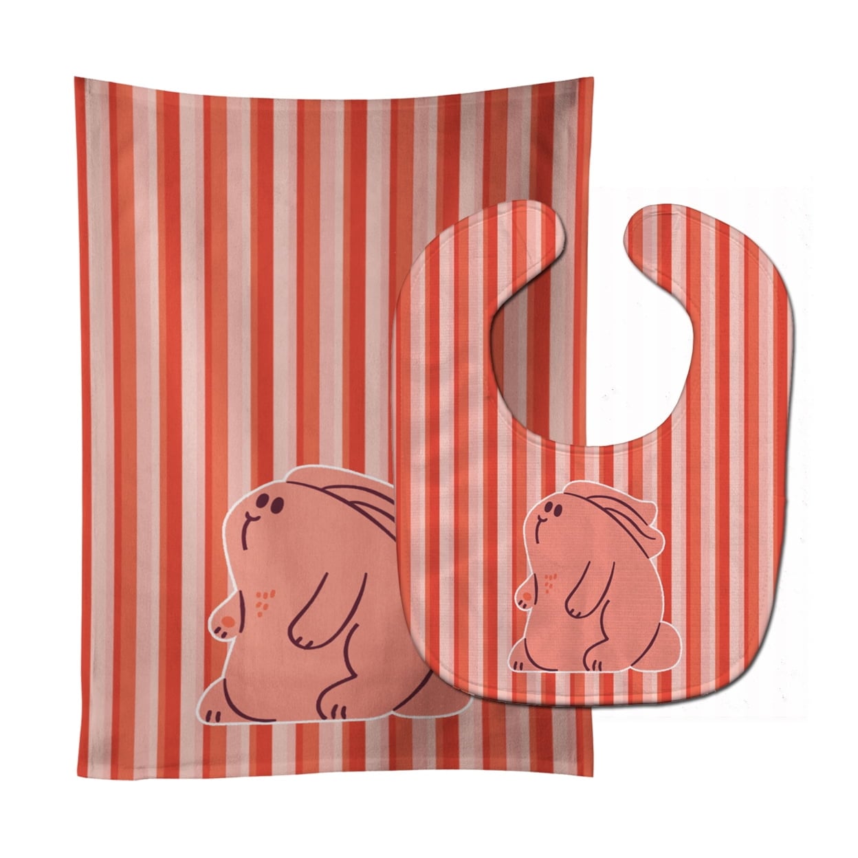 Rabbit on Pink Stripes Baby Bib & Burp Cloth
