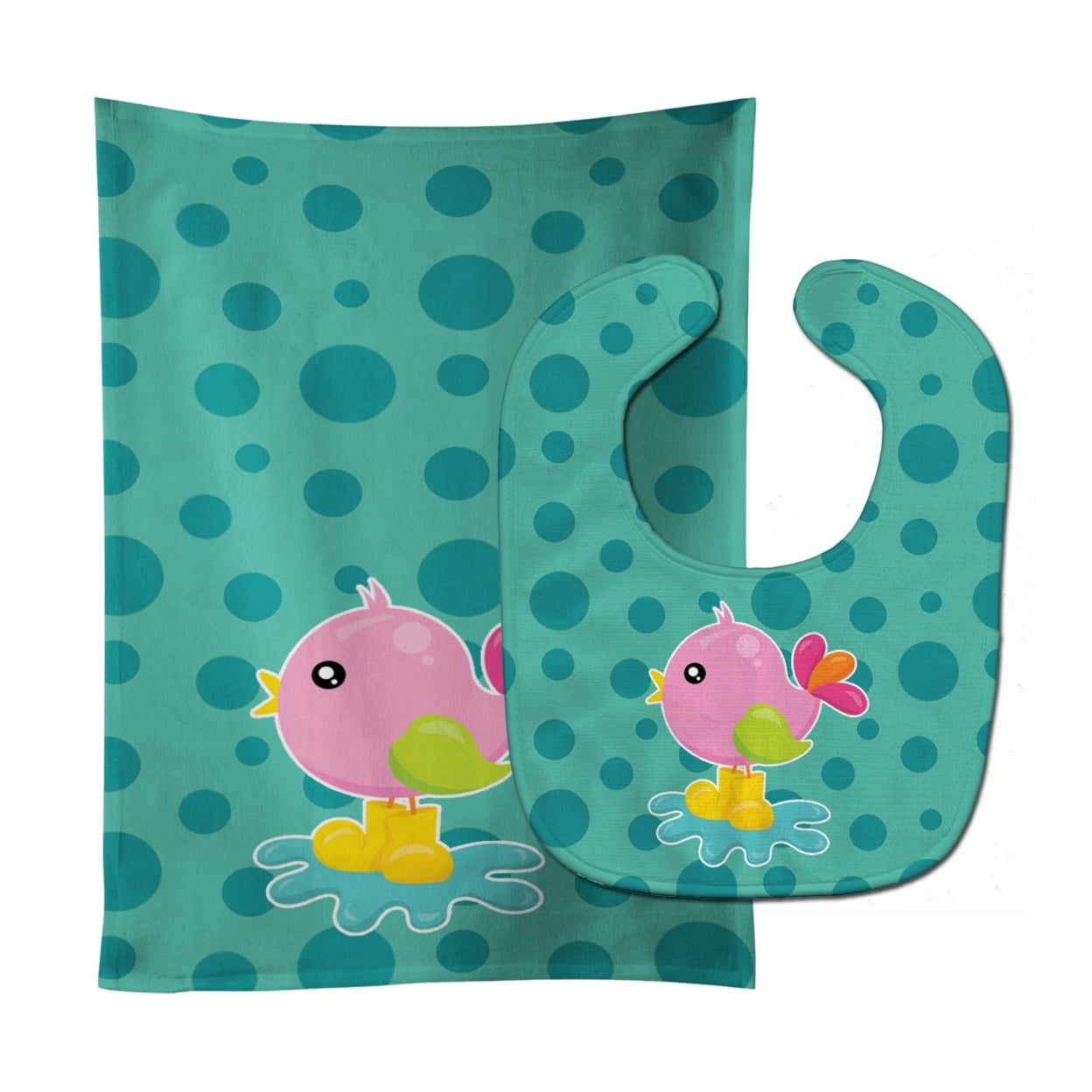 Bird in Rainboots & Puddle Baby Bib & Burp Cloth